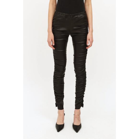 The Row Moto Lambskin Black Leather Leggings Pants Orshen Rouched Size XS